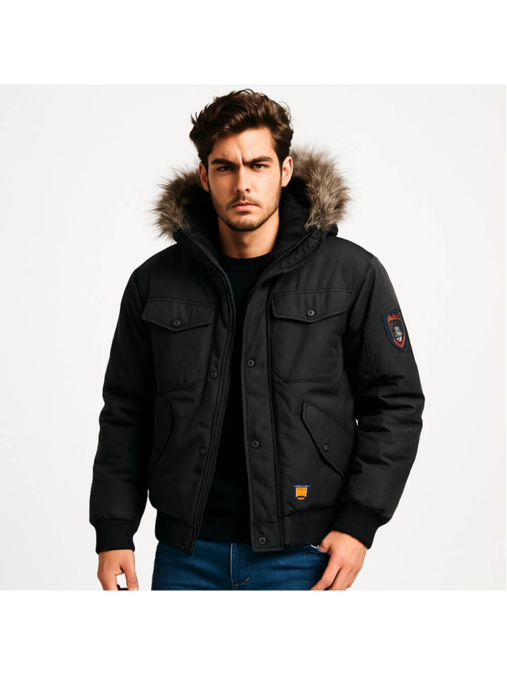 Oppenheimer Arctic Expedition Bomber Jacket XL Black Faux Fur Hood Winter Coat